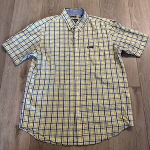 Chaps Easy Care Men's Medium Yellow‎ Blue Plaid Short Sleeve Button-Down Shirt*